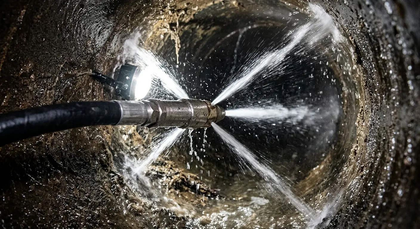 High-pressure hydro jetting nozzle cleaning sewer pipe for Trenchless Sewer Repair in Jackson