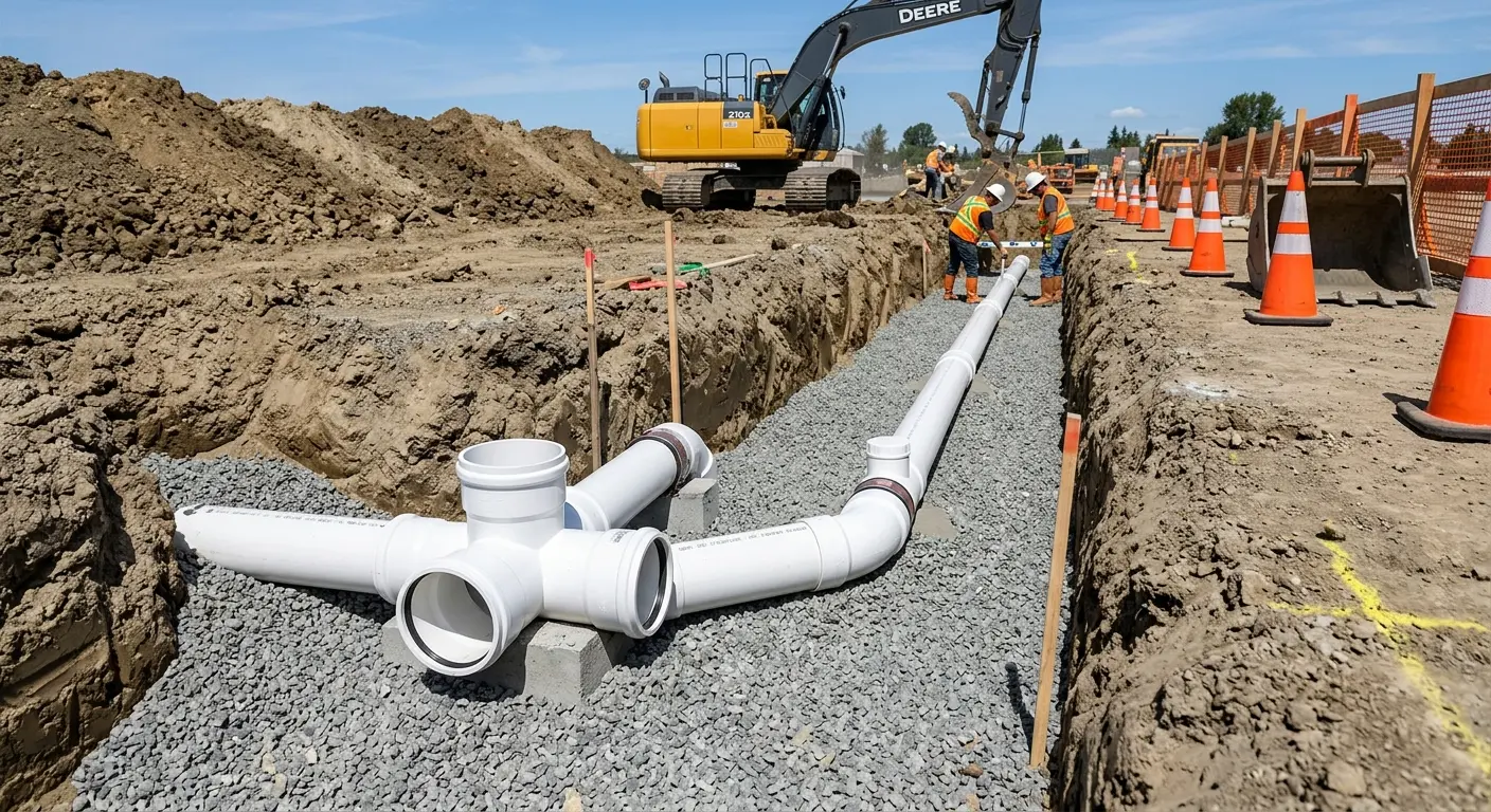 New PVC sewer pipe installation in open trench for Sewer Backup in Jackson