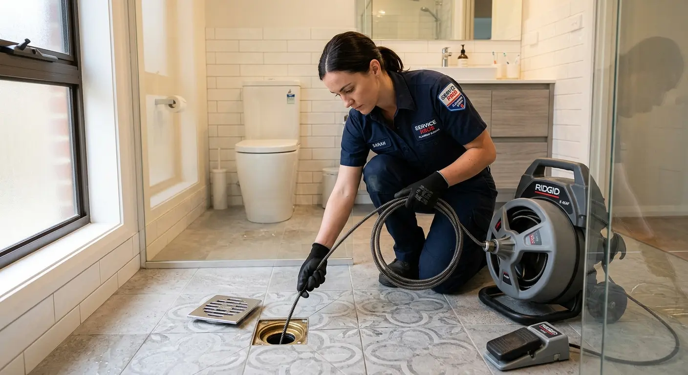 Technician clearing a bathroom floor drain for Sewer Line Replacement in Jackson